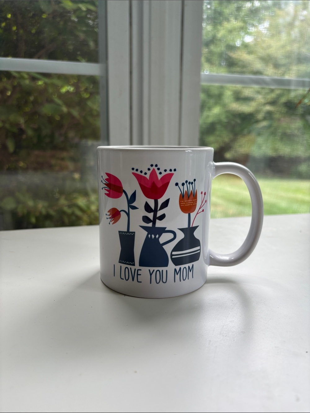 I Love You Mom Floral Ceramic Mug - White with Pink & Navy